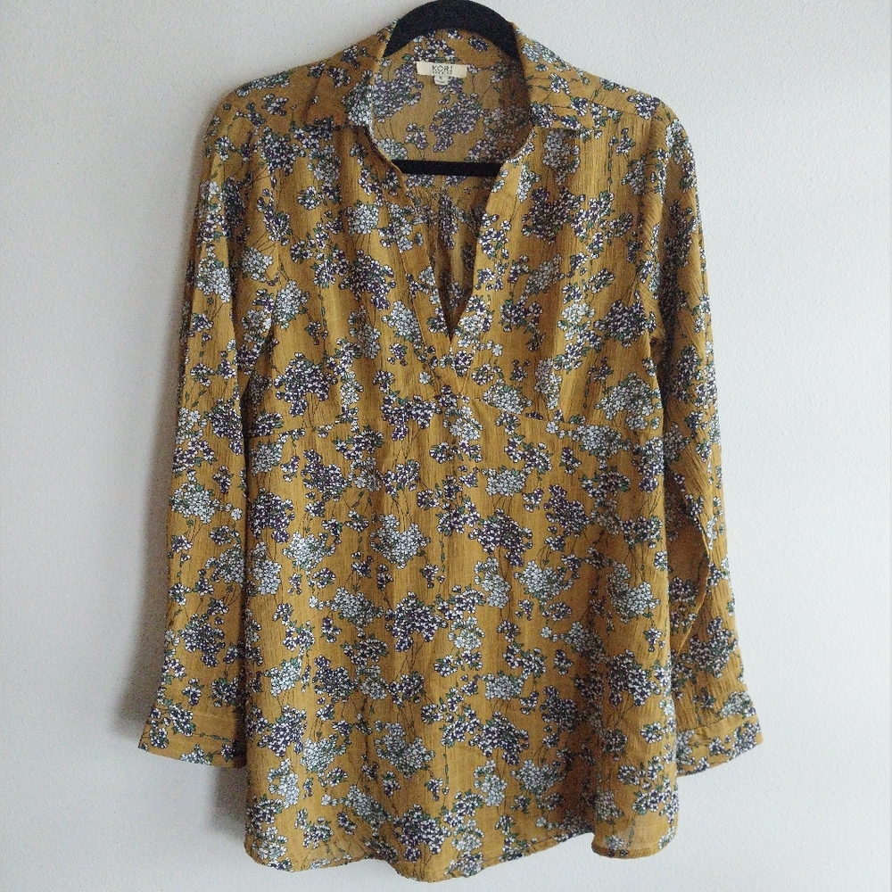 Kori America Vintage Multicolor Floral Long Sleeve V-Neck Babydoll Blouse